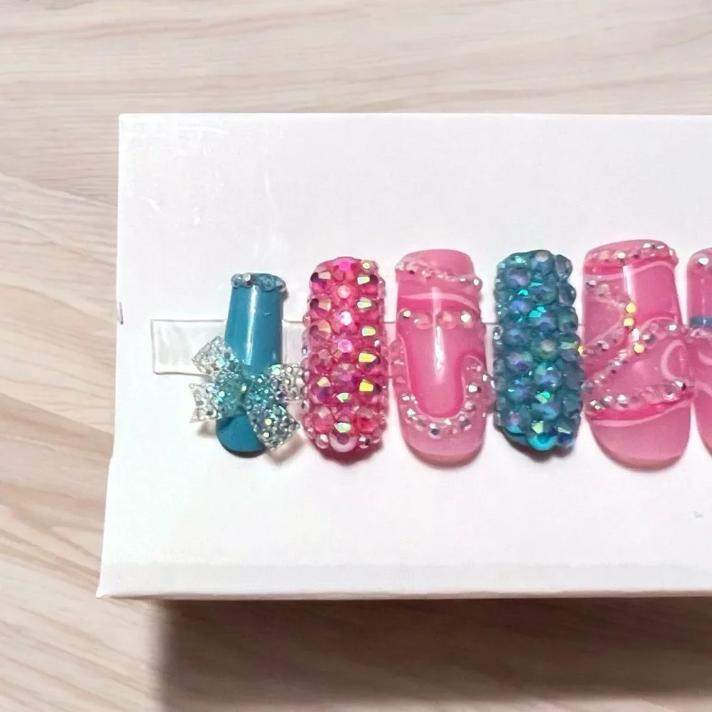 Handmade Pink Blue Rhinestone Glitter Bow Press On Nails Size XS Medium Length